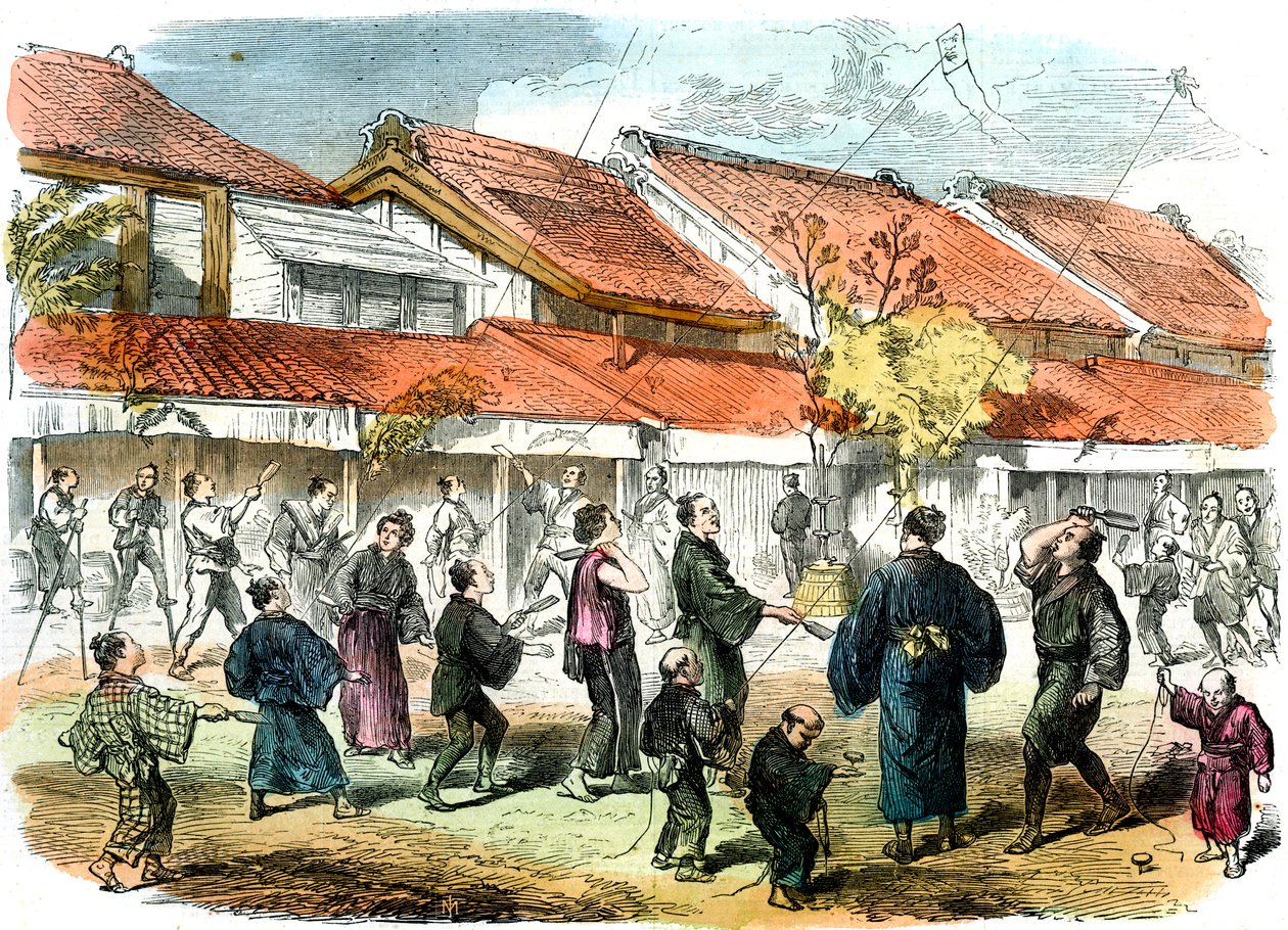 Japansk kamp med battledore og fjærball i gatene i Yokohama, 1865 av Unbekannt