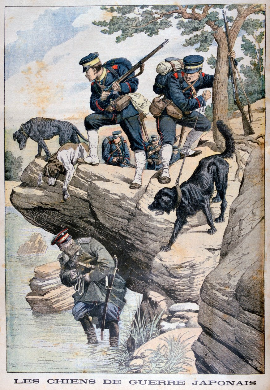 Japanske soldater med hunder finner en russer i skjul, russisk-japanske krig, 1904 av Unbekannt