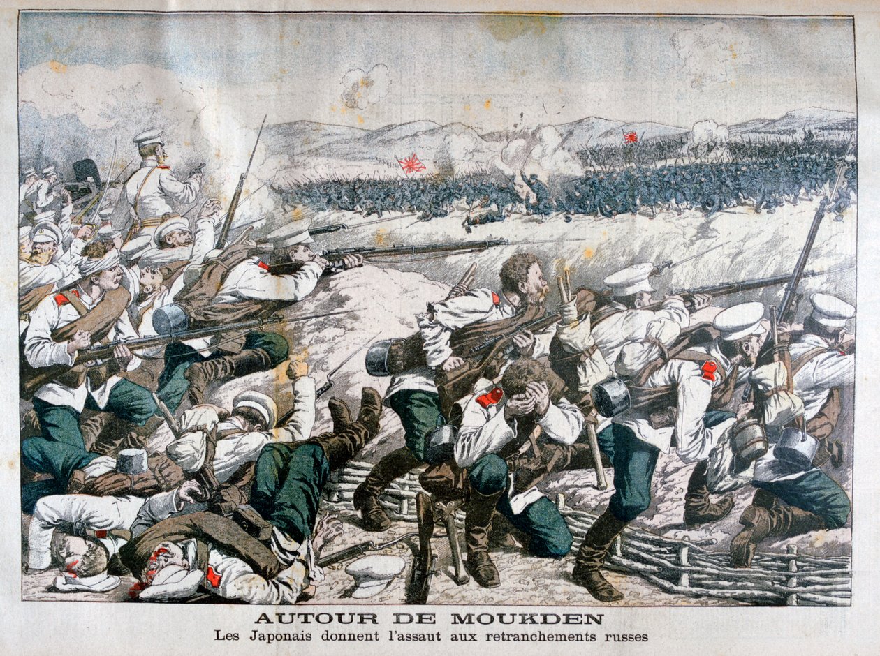 Japanske tropper angriper russiske skyttergraver, Mukden, Manchuria, oktober 1904 av Unbekannt