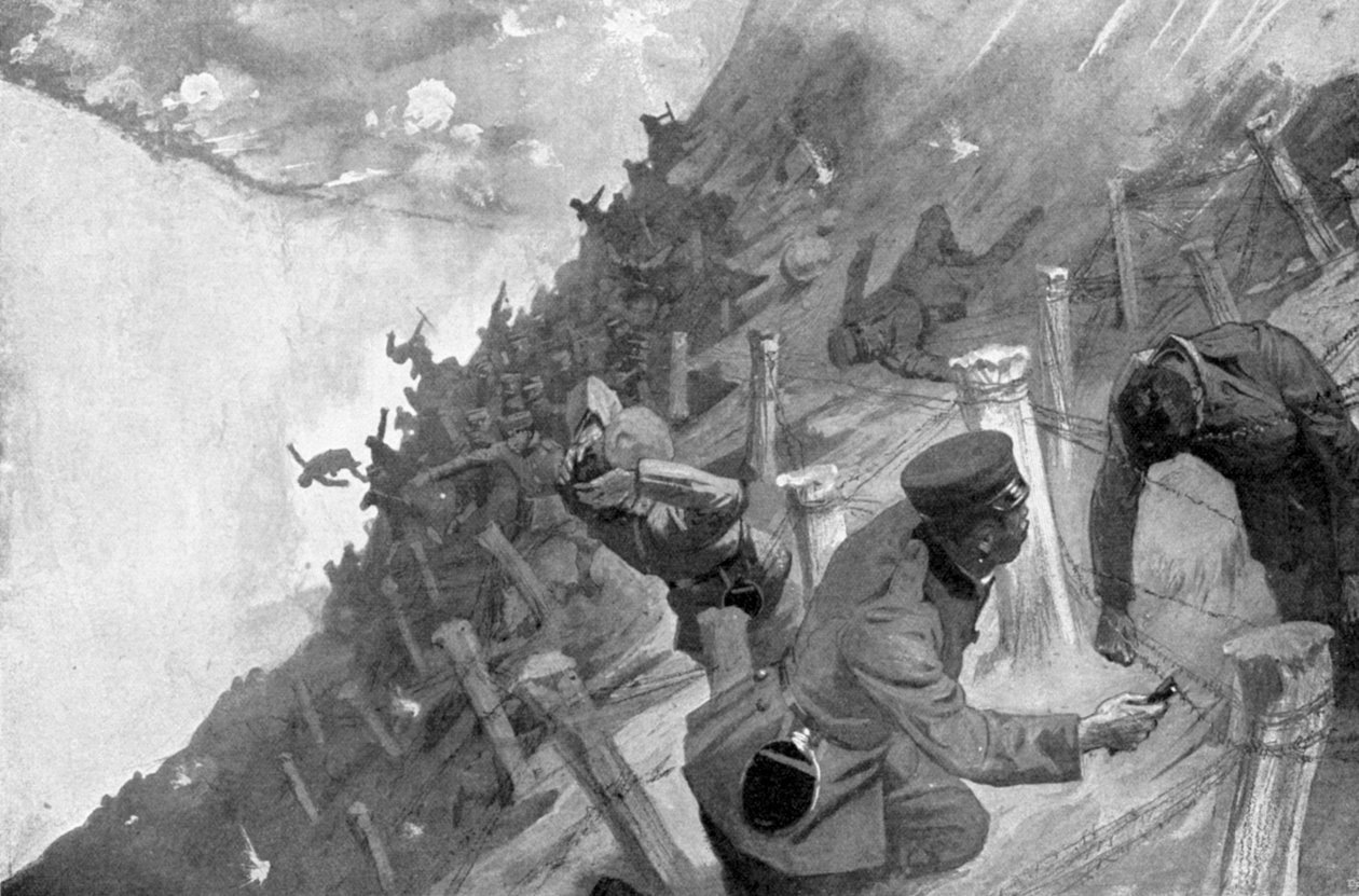 Japanske tropper massakrerte kryssende russisk piggtråd, russisk-japanske krigen, 1904-5 av Unbekannt