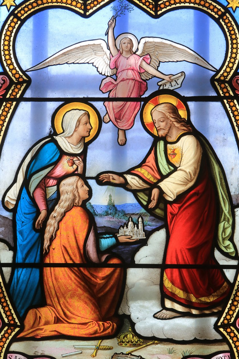 Jesus Kristus og Jomfru Maria. Glassmaleri vindu. Helligdommen til Vår Frue av la Salette, La Salette-Fallavaux, Frankrike av Unbekannt