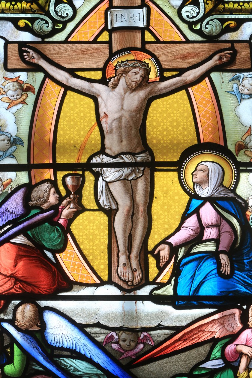 Jesus Kristus på korset. Glassmaleri vindu. Helligdommen til Vår Frue av la Salette, La Salette-Fallavaux, Frankrike av Unbekannt