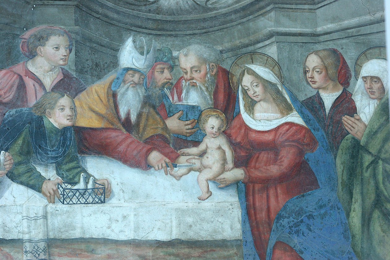 Jesus ved tempelfresken på St. Marys katedraldør Aoste Italia av Unbekannt