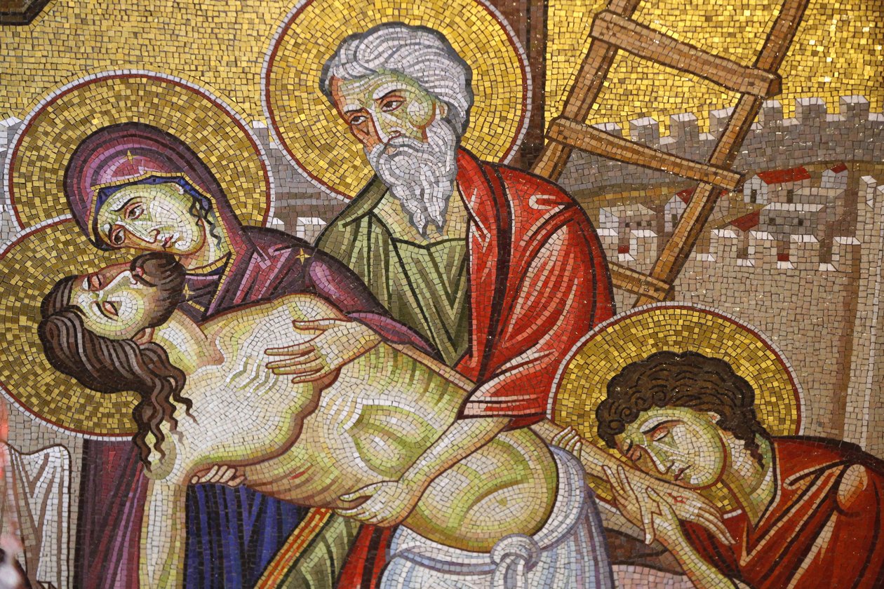 Jesus ned fra korset, Detalj av mosaikkkunst som skildrer begravelsen av Jesus Kristus, Den hellige gravs kirke, Jerusalem, Israel av Unbekannt