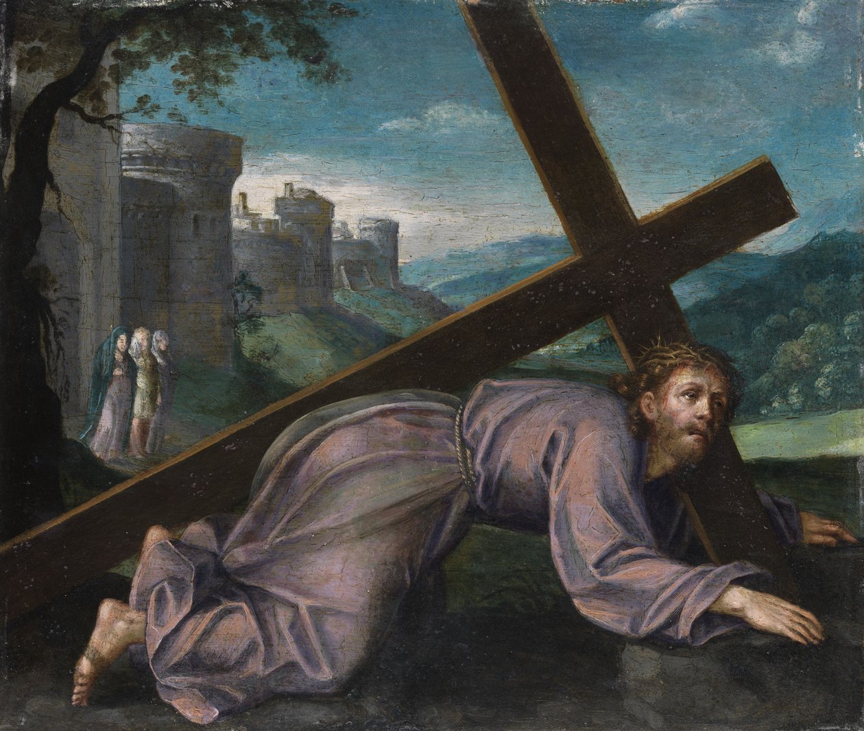 Jesus faller under korset. Nord-italiensk maler fra 1600-tallet av Unbekannt