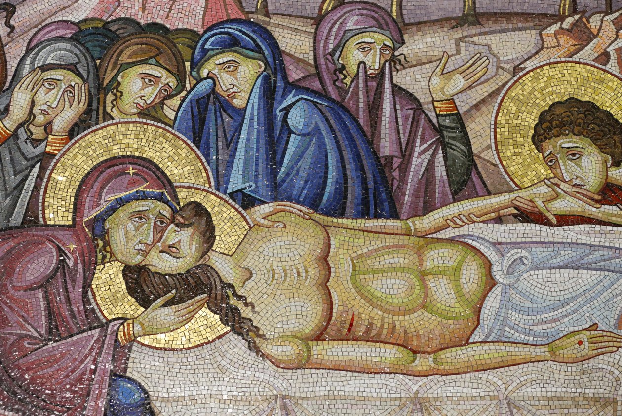 Jesus la på den nye graven til Josef av Arimathea, Detalj av mosaikkkunst som skildrer begravelsen av Jesus Kristus, Den hellige gravs kirke, Jerusalem, Israel av Unbekannt