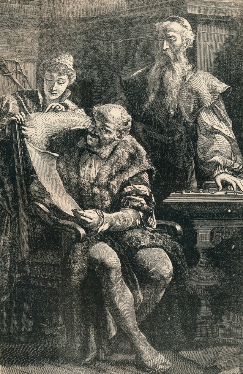 John Gutenberg viser en del av den første trykte boken til Faust, 1300-tallet, c1910 av Unbekannt