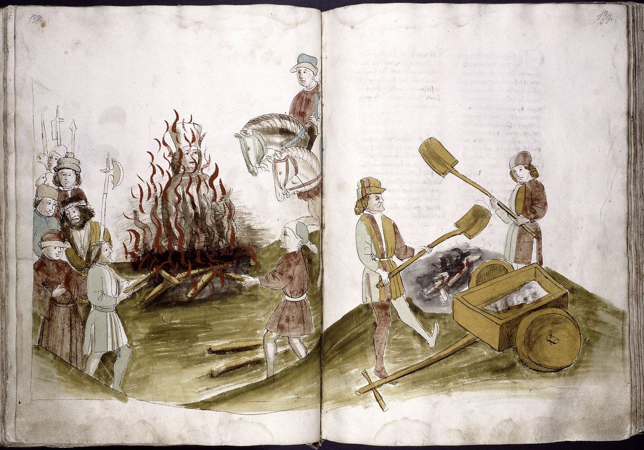 John Hus blir brent på bålet 6. juli 1415 og asken hans blir kastet i Rhinen fra: Ulrich Richental Chronicle of the Coun, 1414-1418 av Unbekannt