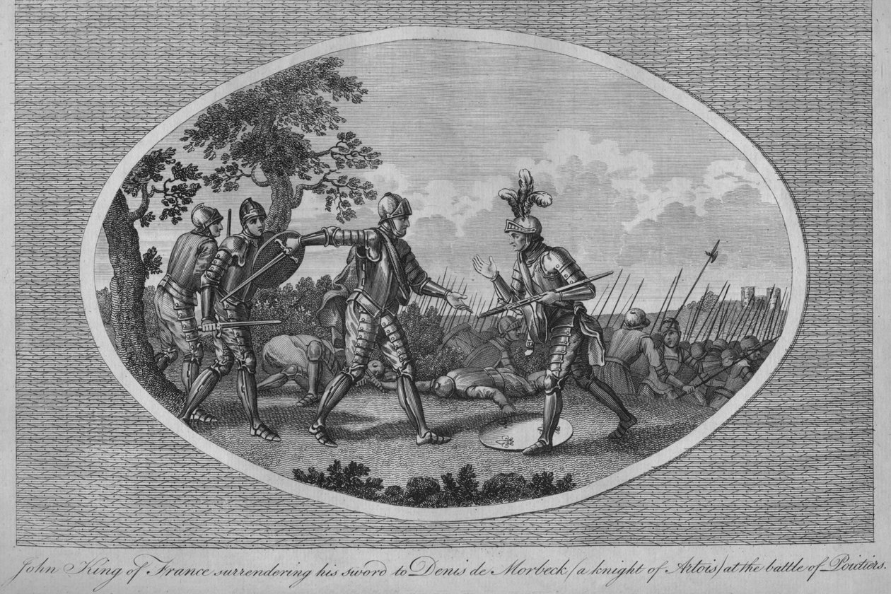 John II av Frankrike overga sverdet sitt til Denis de Morbeck i slaget ved Poitiers, 1356 1793 av Unbekannt