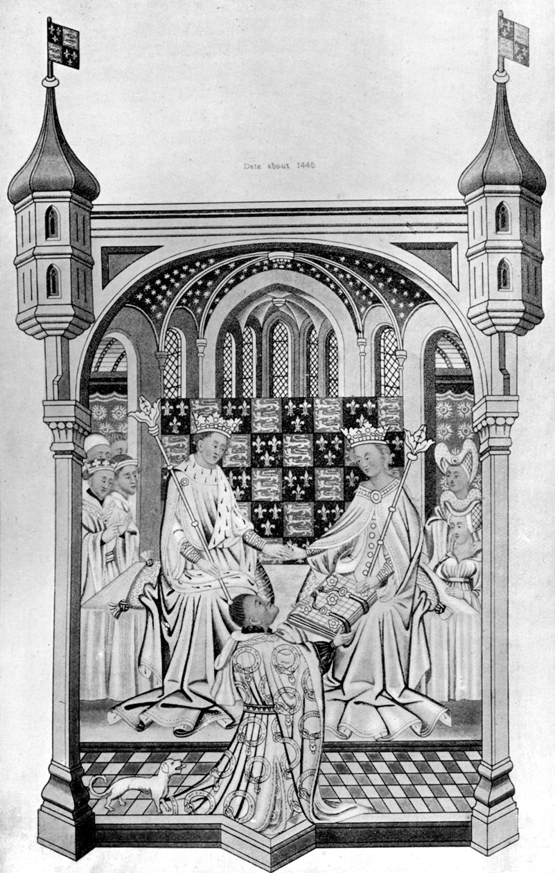 John Talbot, jarl av Shrewsbury, presenterer en bok til Margaret av Anjou, c1445, 1910 av Unbekannt
