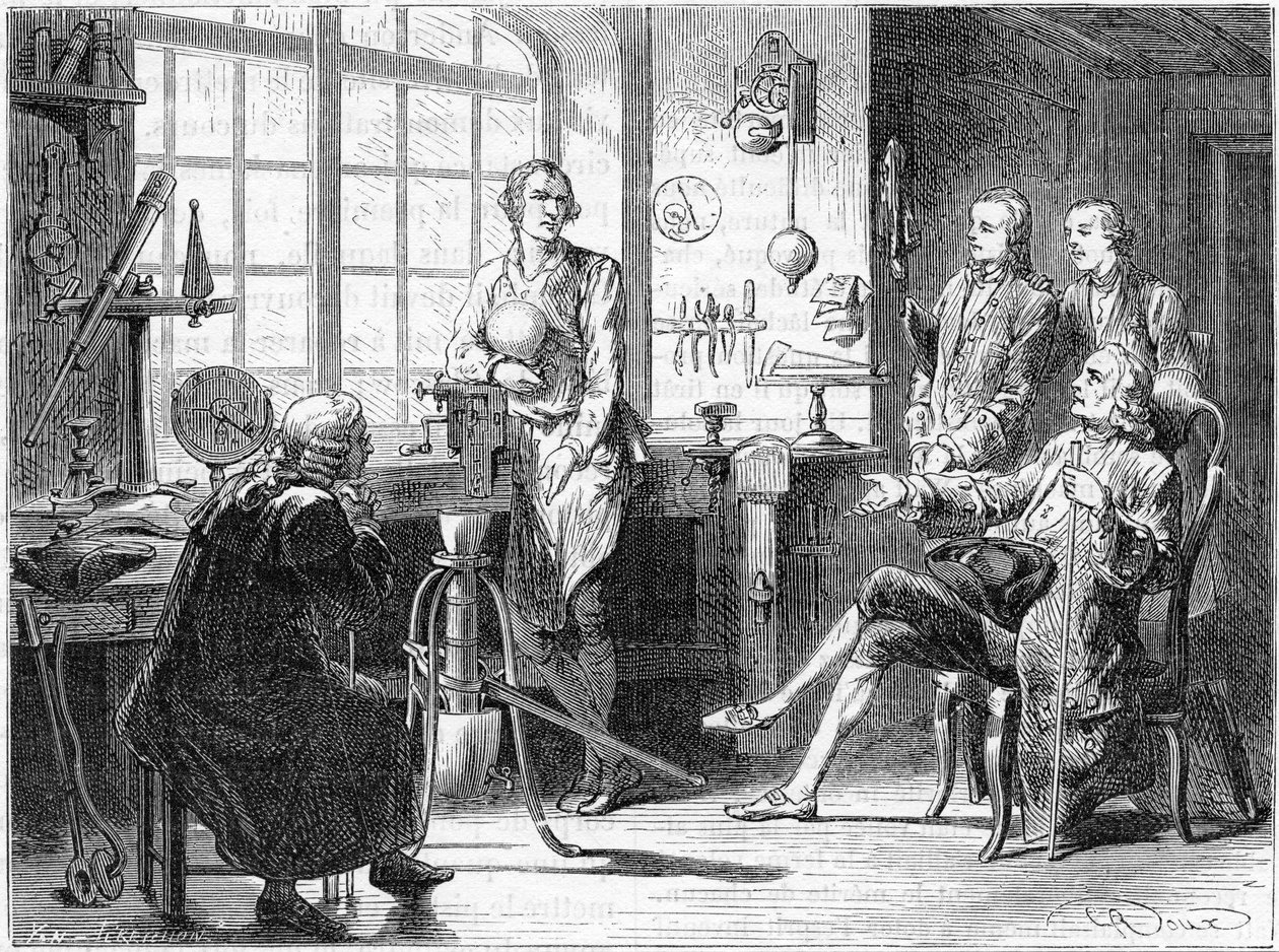 Joseph Black besøker James Watt i verkstedet hans i Glasgow, c1760 c1879 av Unbekannt