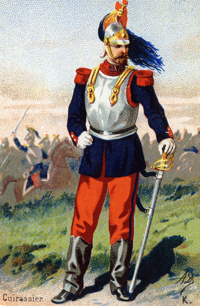 K: Cuirassier. Gravering i "Militæralfabetet". Illustratorens initialer: A. D. Ukjent utgiver. Kromolitografier sent på 1800-tallet. Mål: 10,5x7 cm. av Unbekannt