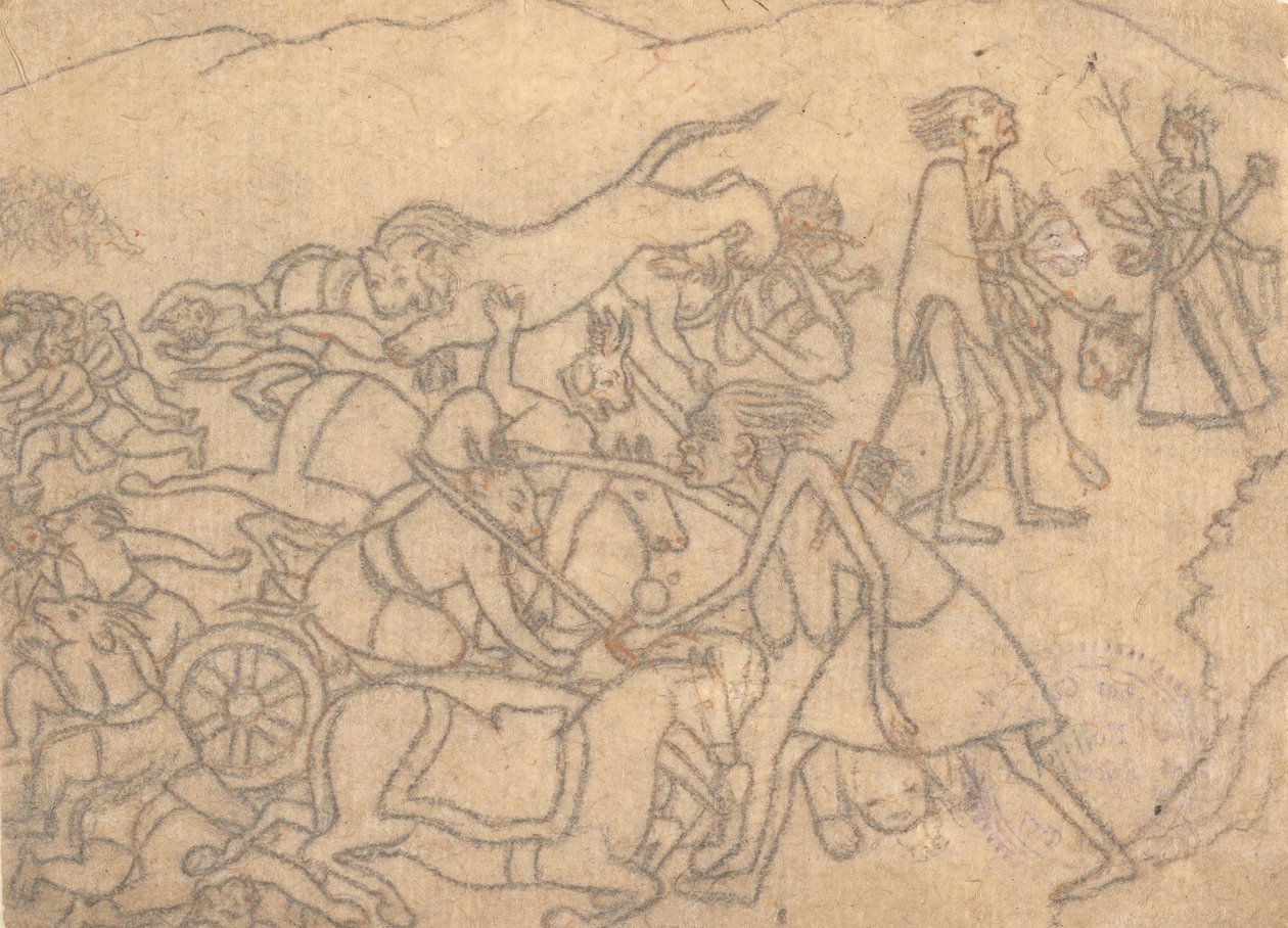 Kali presenterer hodene til Chanda og Munda for Durga ... Devi Mahatmya ..., ca. 1780. av Unbekannt