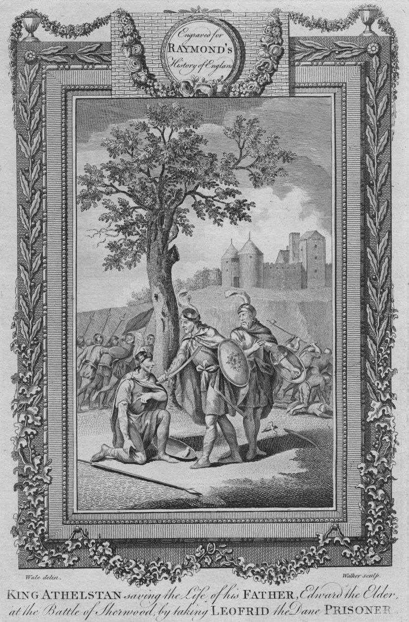 Kong Athelstan reddet livet til sin far, Edward den eldste i slaget ved Sherwood, c1787 av Unbekannt