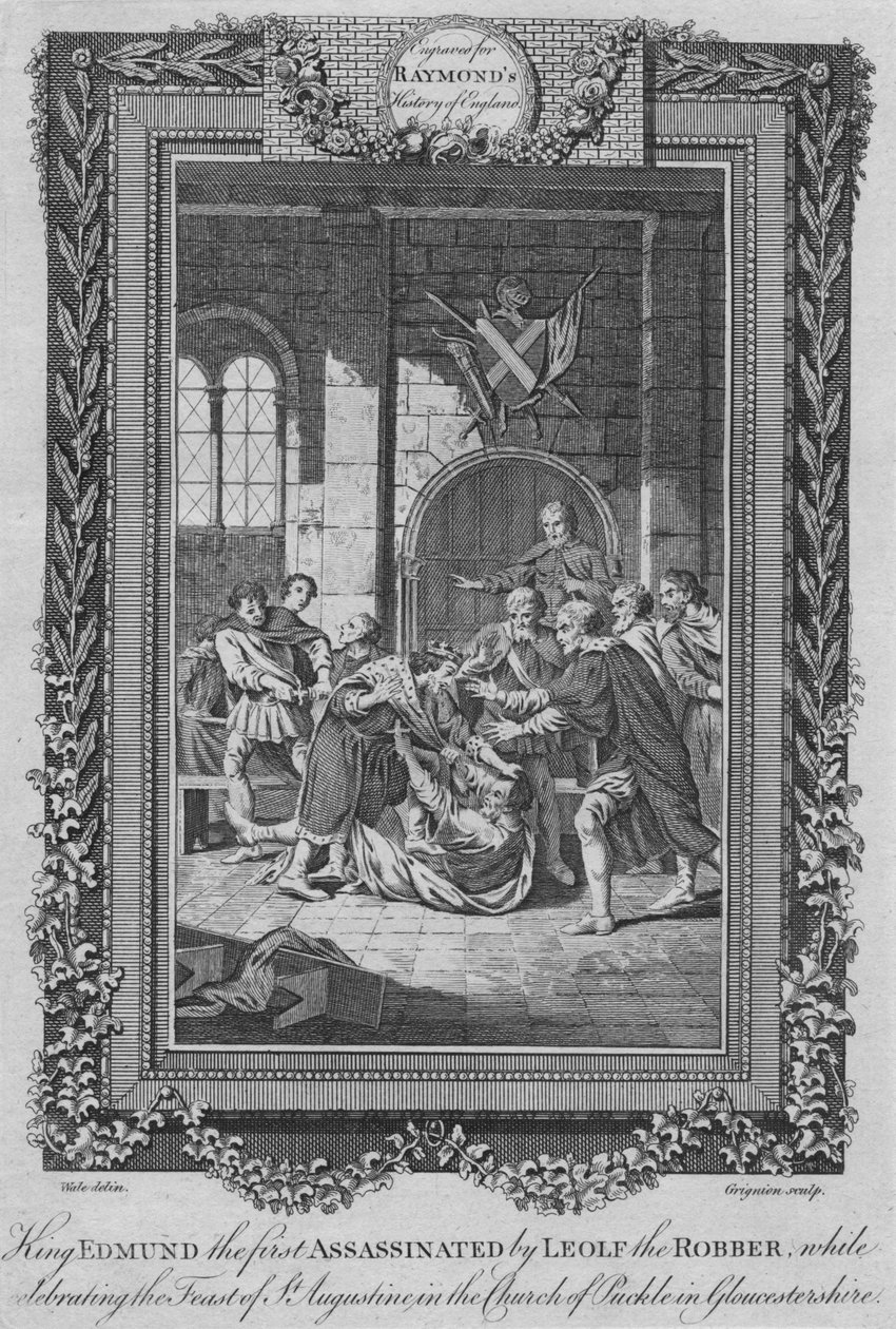 Kong Edmund den første myrdet av Leolf the Robbe, c1787 av Unbekannt