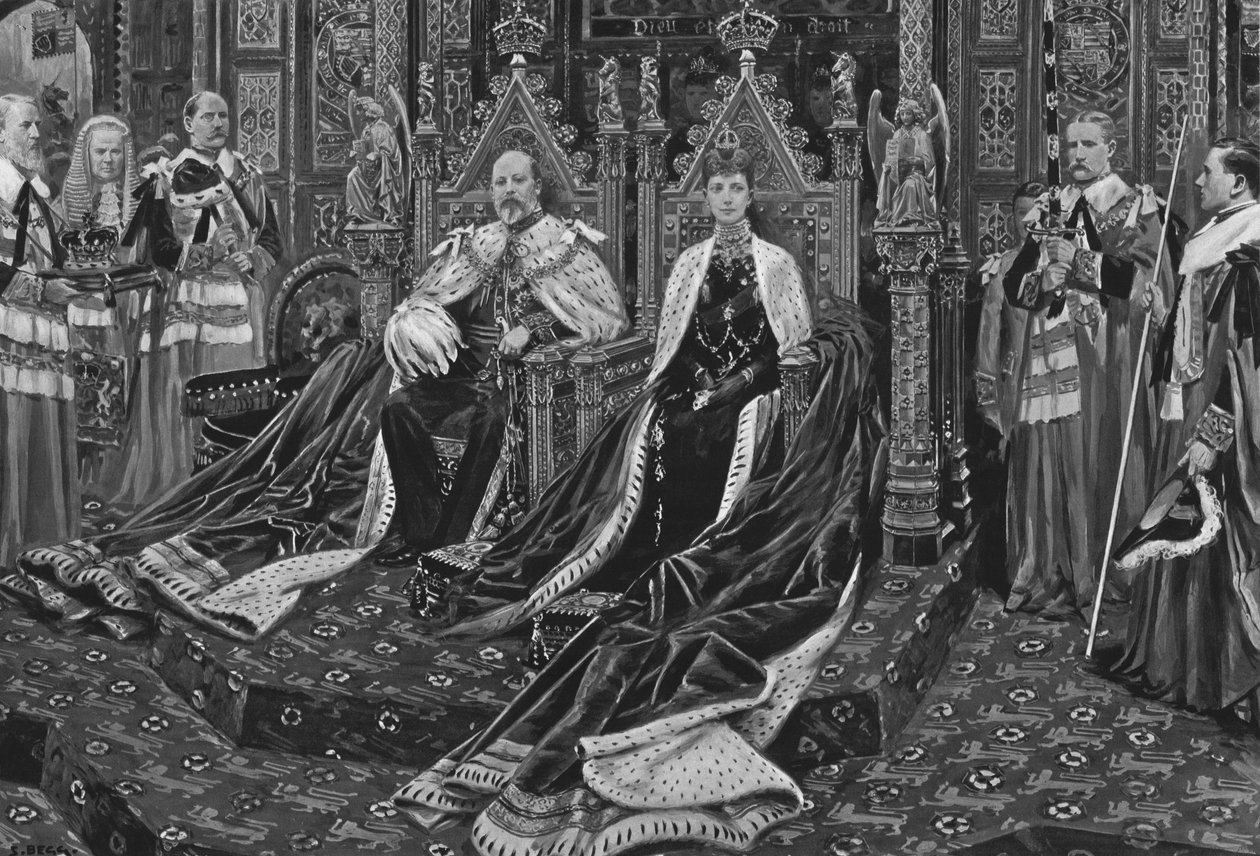 Kong Edvard VII. Og dronning Alexandra ved åpningen av Hans Majestets første parlament, 1901. av Unbekannt