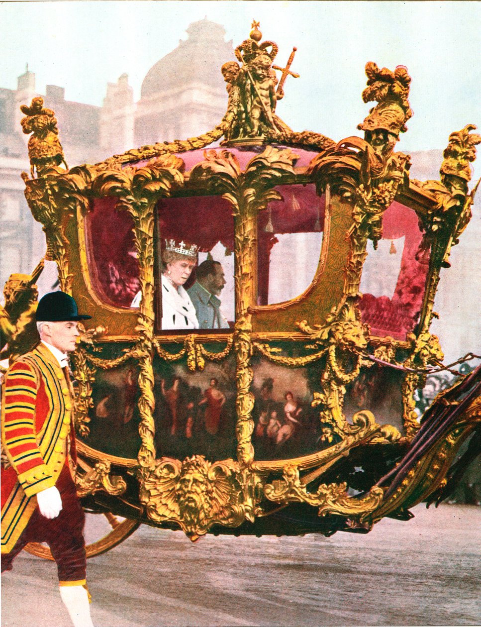 King George V og Queen Mary i den historiske State Coach, c1935 av Unbekannt