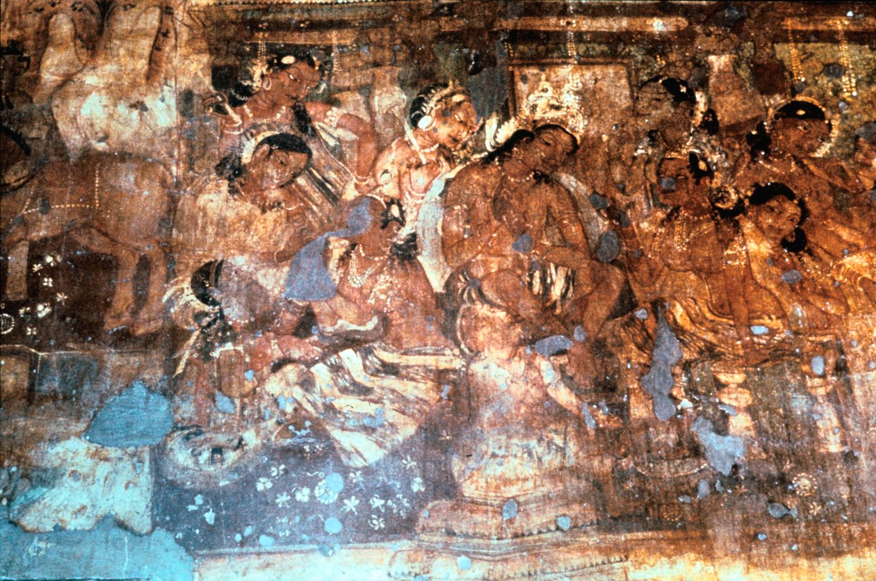 Kong Mahajanaka lytter til dronning Vivali, Ajanta grottefresco, India, 1.-5. århundre e.Kr. av Unbekannt