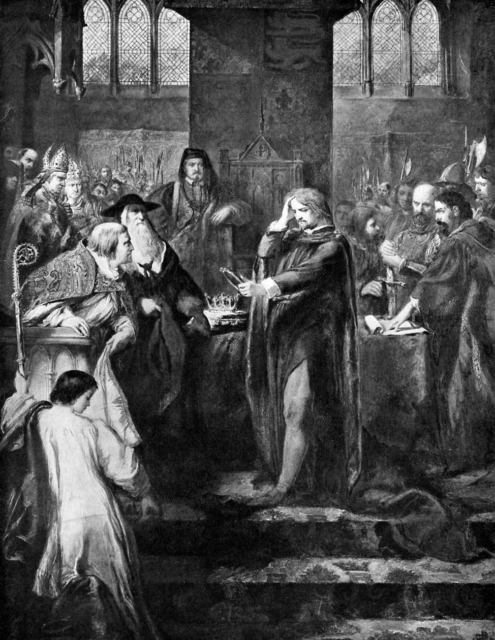Kong Richard II overga kronen til sin fetter Bolingbroke, 1399, c1920 av Unbekannt