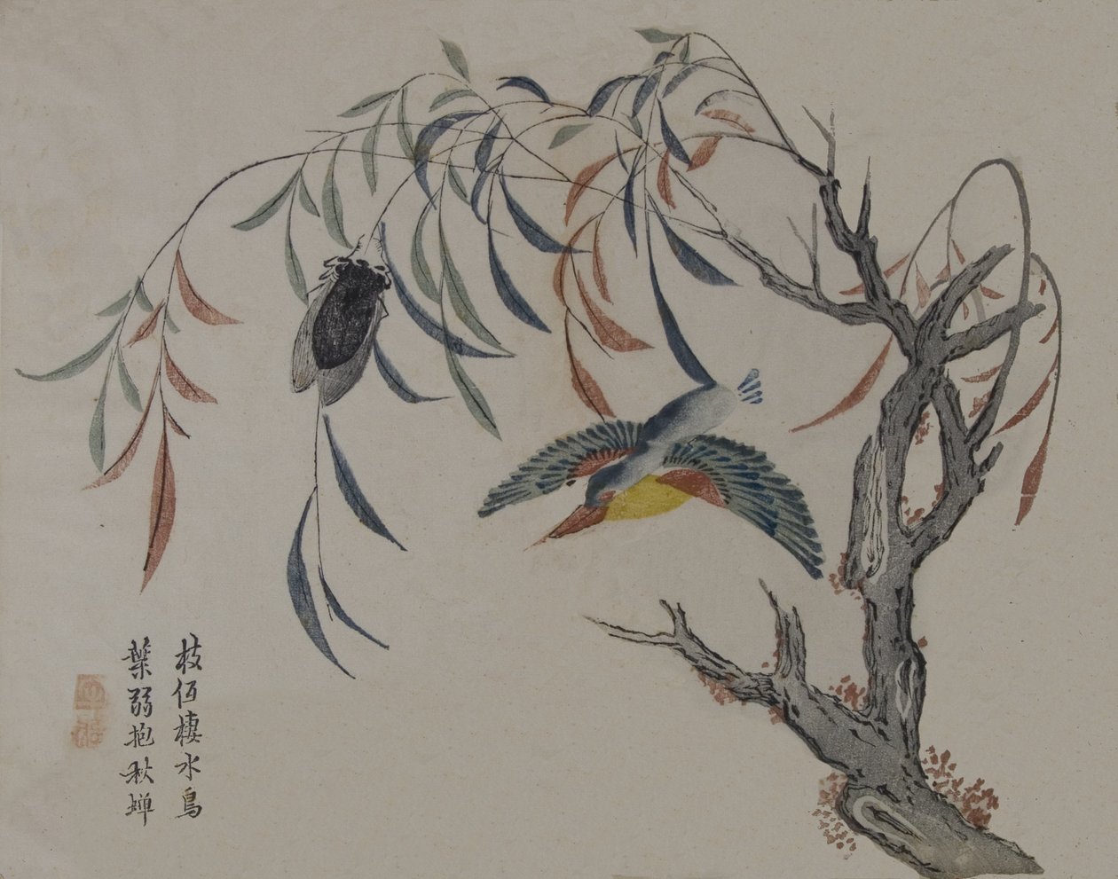 Kingfisher, Cicada og Willow Tree, 1800-tallet. av Unbekannt