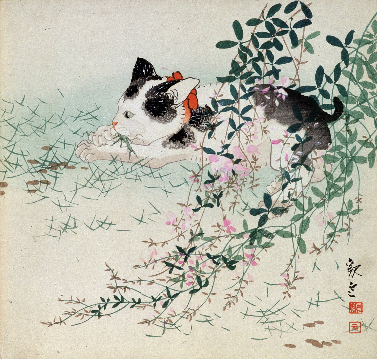 Kattunge i gress og bladblomster - japansk trykk av Unbekannt