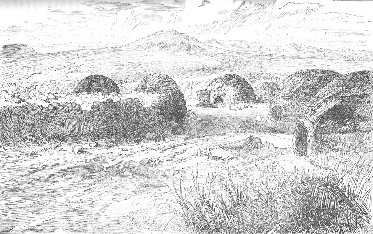 Kraal hvor prins Louis Napoleon og hans parti ble salet av og ble skutt mot, ca 1880 av Unbekannt
