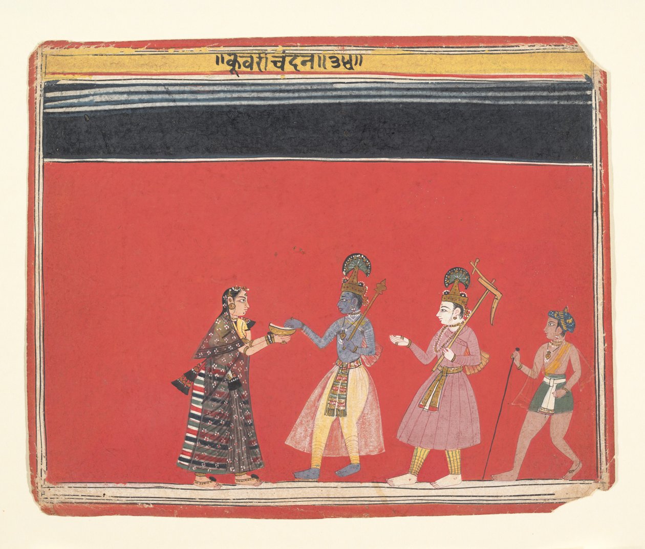 Krishna aksepterer et tilbud fra den pukkelryggede kvinnen Trivakra..., ca. 1650. av Unbekannt