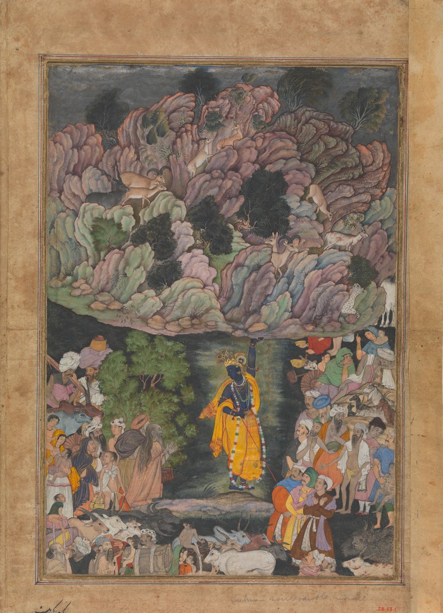 Krishna Holds Up Mount Govardhan to Shelter the Villagers of Braj, Folio from..., ca. 1590-95.    1155631   no       norwegian Successfully Translated  Original: Baptist Church, 1901, 19351942. Translat: Baptist Church, 1901, 19351942. 1160742 no norwegian av Unbekannt