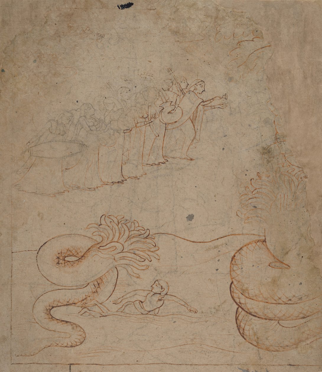 Krishna underkuer slangen Kaliya i Yamuna-elven..., ca. 1780. av Unbekannt