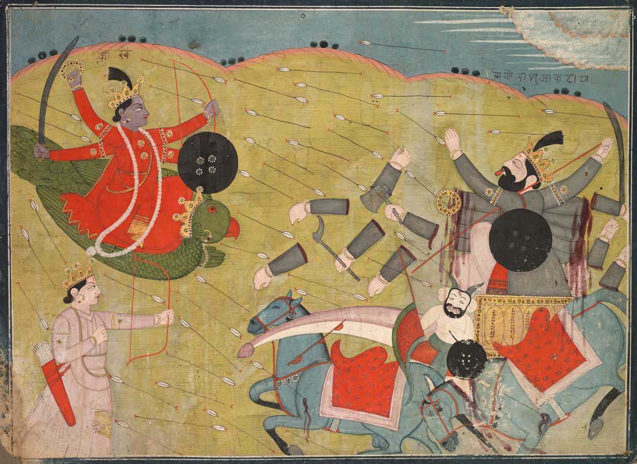 Krishna Vanquishing Vanasura: Scene fra Aniruddha Usha-seksjonen til Krishna Lila, ca. 1840. av Unbekannt