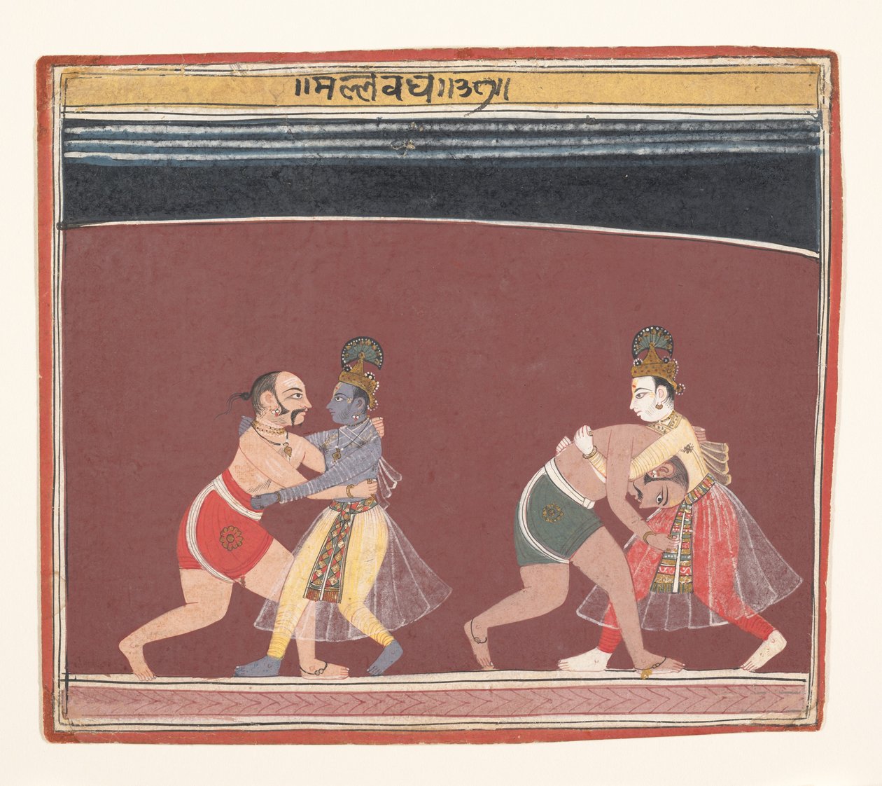 Krishna og Balarama kjemper mot den onde kongen Kamsas Wrestlers..., ca. 1650. av Unbekannt
