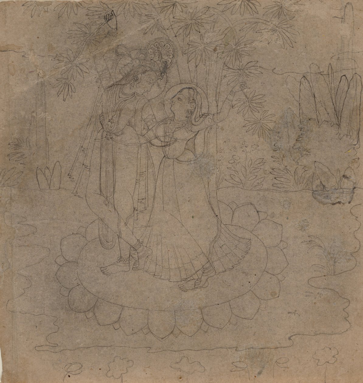 Krishna og Radha Standing on a Lotus, slutten av 1800-begynnelsen av 1900-tallet. av Unbekannt