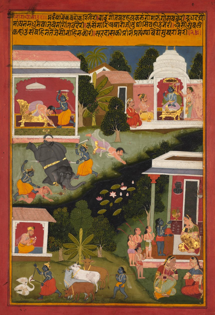 Krishna som ødelegger av demoner, side fra Surdass Sursagar, ca. 1700. av Unbekannt