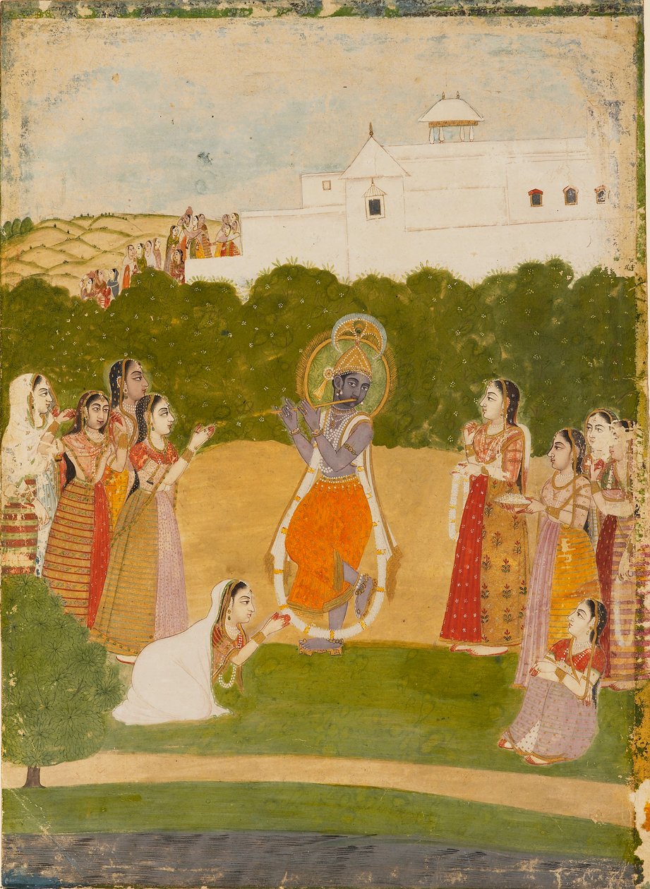 Krishna ved siden av en elv som spiller på fløyte, c1720 av Unbekannt