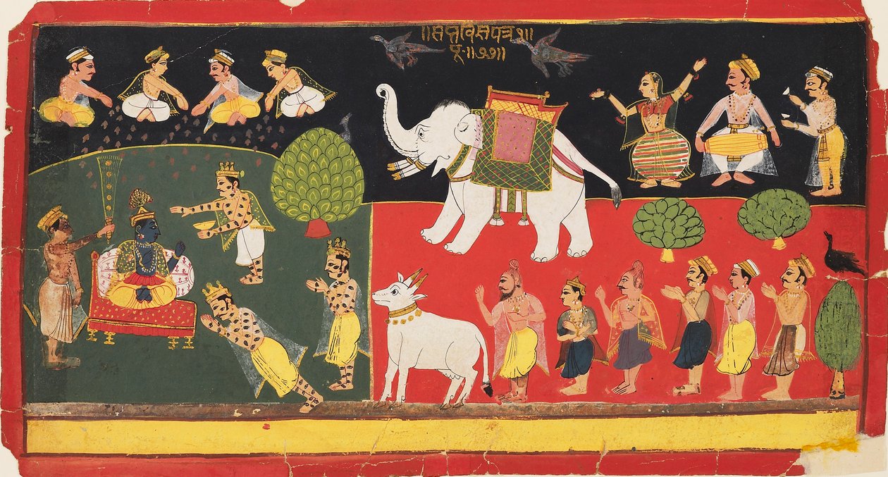Krishna æret av Indra som ankom på en hvit elefant, c1720 av Unbekannt