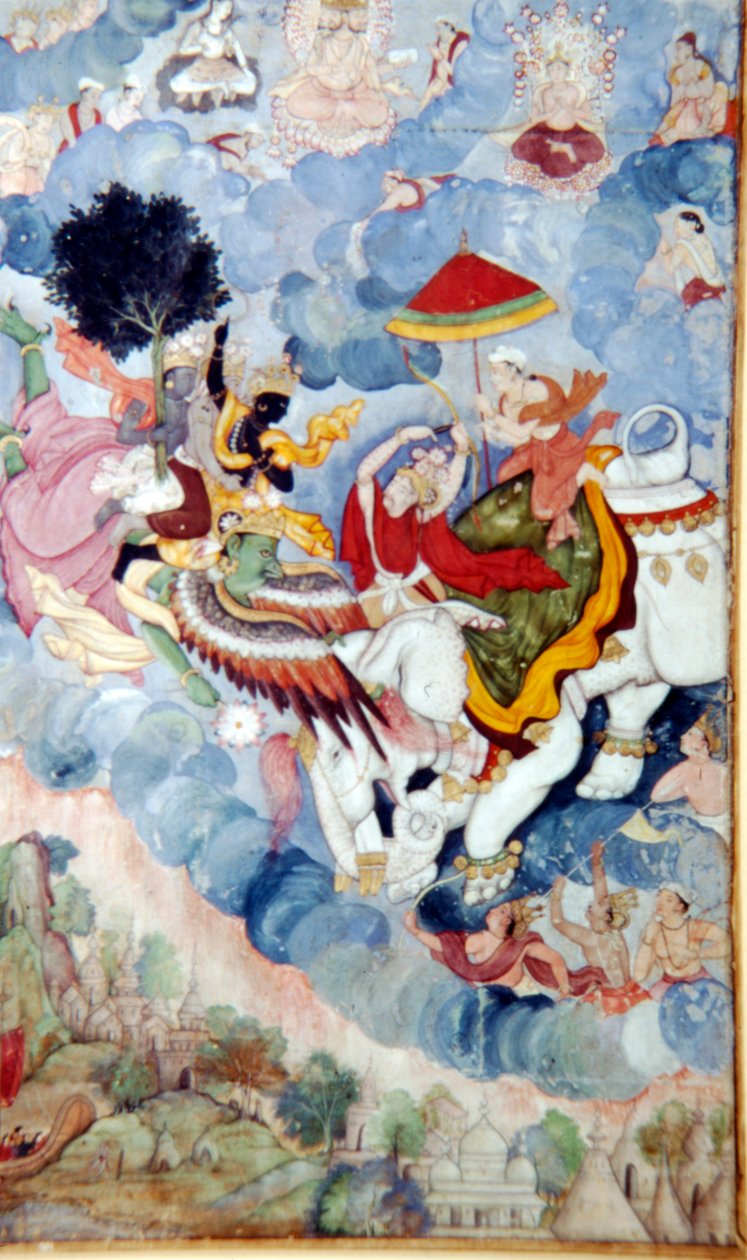 Krishna, som rir på fugleguden Garuda, kjemper mot Guden, Indra på en elefant, c1590. av Unbekannt