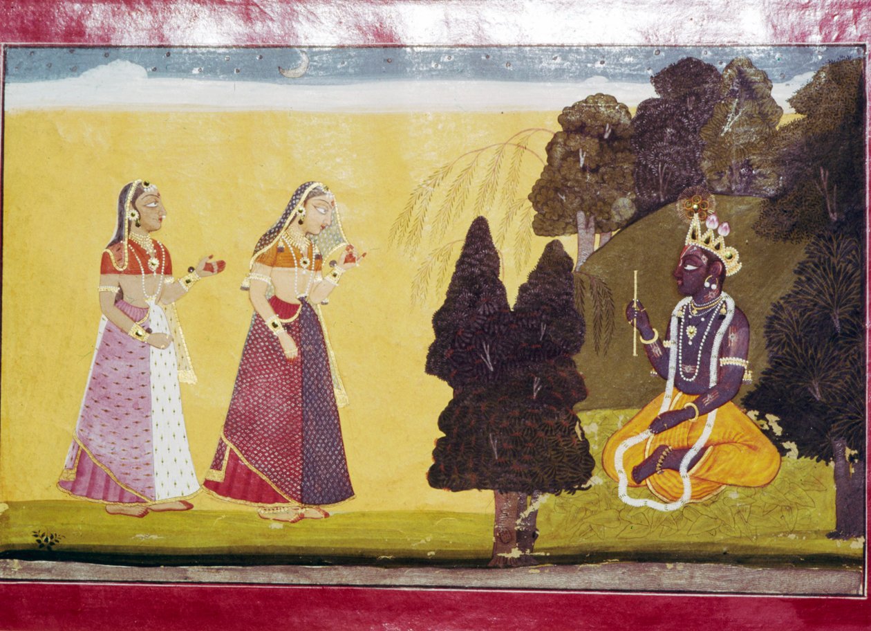 Krishna med fløyte, oppsøkt av to damer av Unbekannt