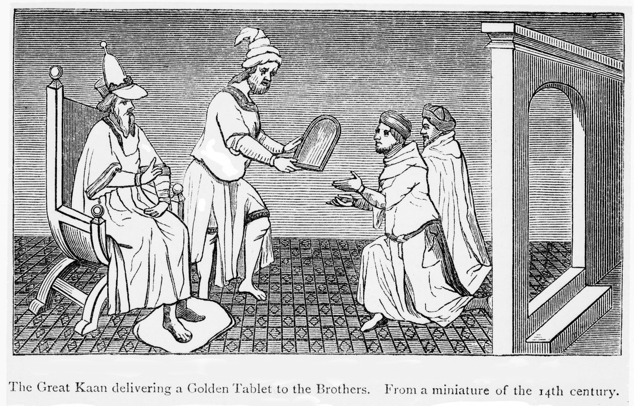Kublai Khan gir en gylden tablett som sikrer sikker passasje til Niccolo og Maffeo Polo (gravering) av Unbekannt