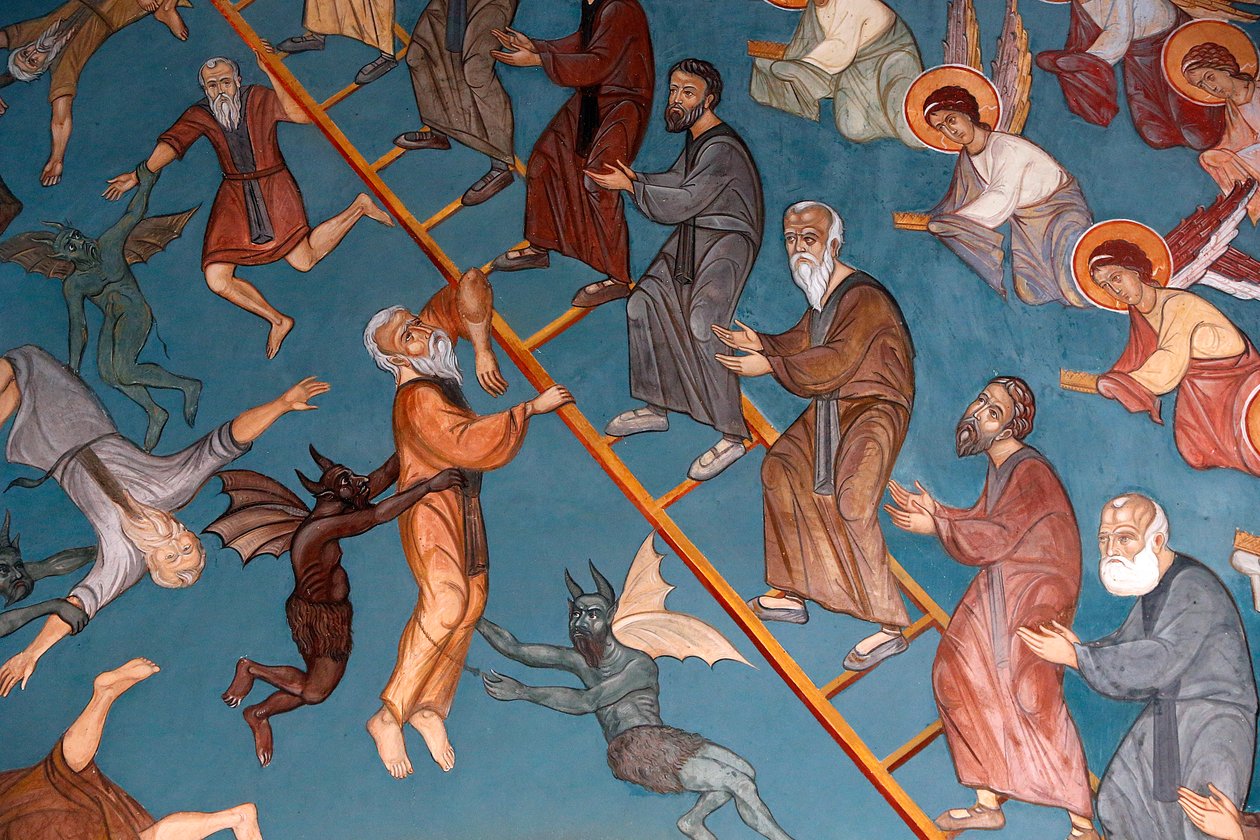 Kykkos kloster, Kypros. The Ladder of Divine Ascent med de gode til høyre og de dårlige til venstre, 20150510, Pedoulas, Kypros av Unbekannt