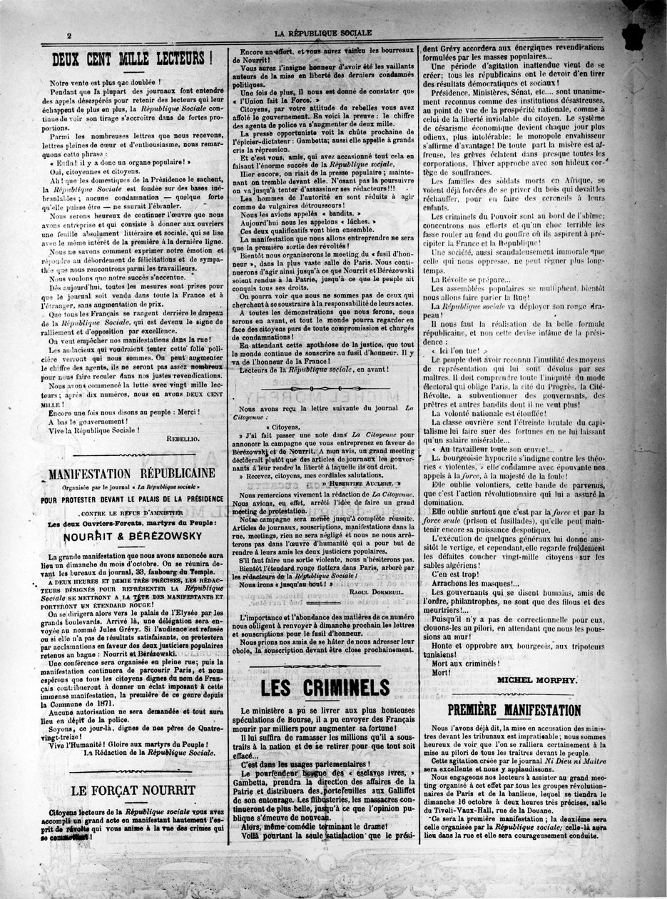 Avisen La Republique Sociale av 13. oktober 1881 av Unbekannt