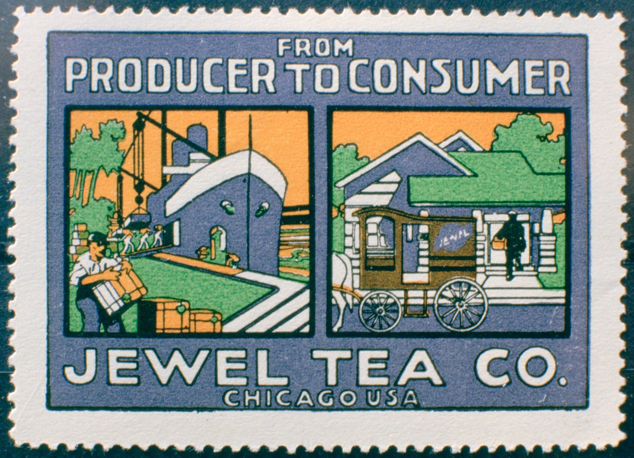 Etikett som reklamerer for Jewel Tea Co i Chicago, USA av Unbekannt