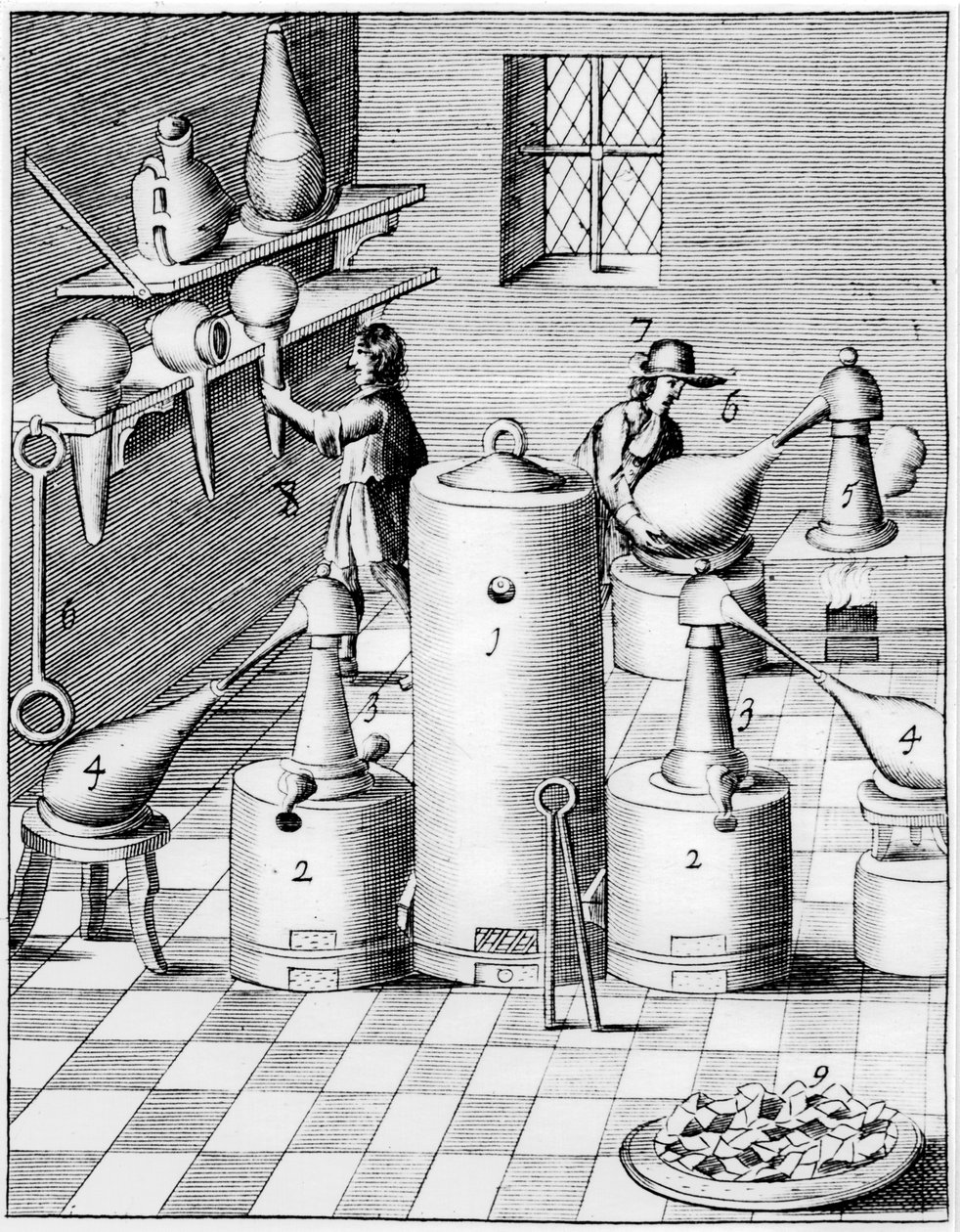 Laboratorium for raffinering av gull og sølv, viser typisk laboratorieutstyr, 1683 av Unbekannt