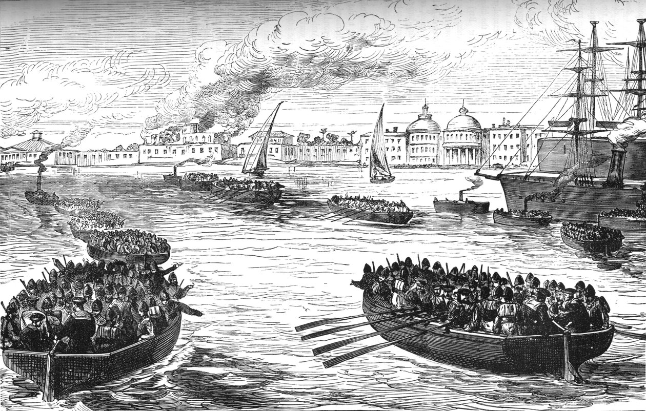 Landende tropper ved Khedives-palasset i Alexandria etter bombardementet, 1882, c1882-1885 av Unbekannt