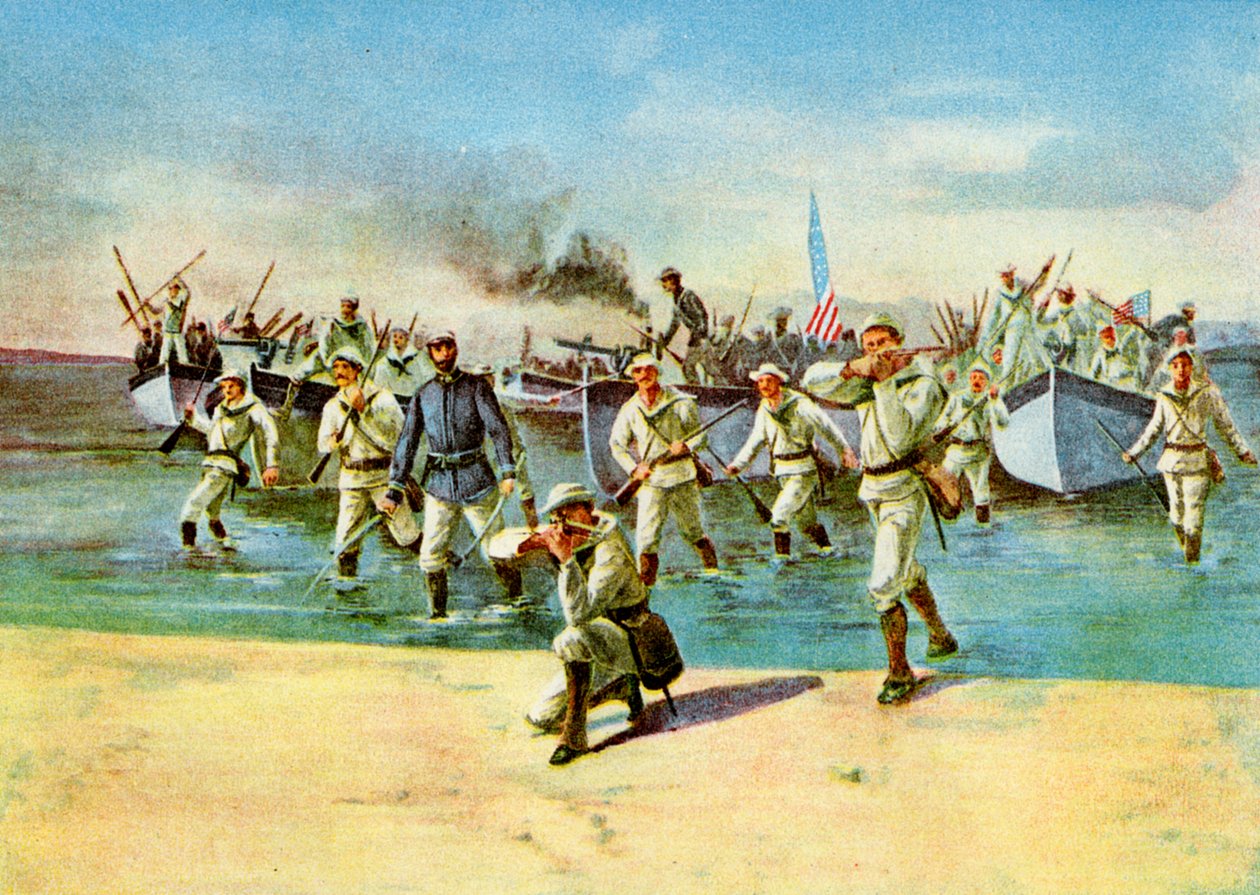 Landing av ammunisjon for opprørerne, under ild, spansk-amerikansk krig, Cuba, 1898 av Unbekannt