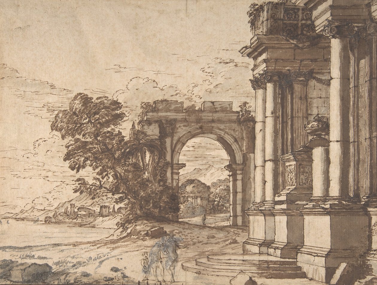 Landskap med klassisk arkitektur ved en innsjø, 1600-tallet. av Unbekannt