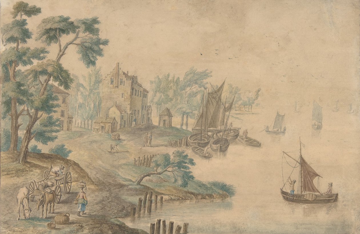 Landskap med hester og kjerrer og en elv til høyre, 1700-tallet. av Unbekannt