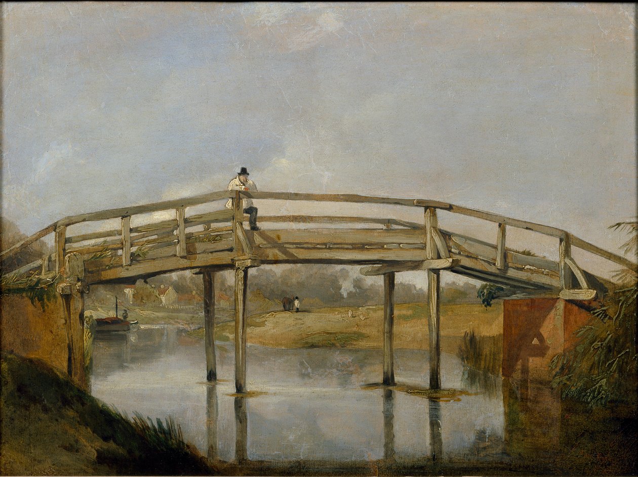 Landskap med en elv og bro, c1830 av Unbekannt