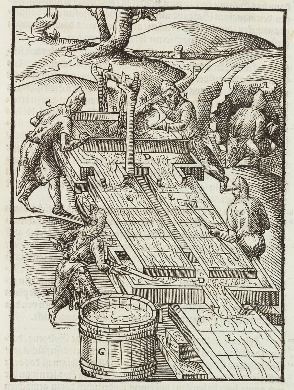 Vasking av gullmalm i vannfylte trebrett - Gravering fra beskrivelse av malmer og hovedmetoder for gruvedrift, av Lazarus Ecker av Unbekannt