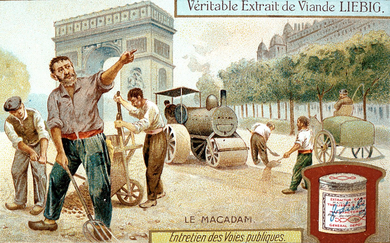 Legge en Macadam-veibane og komprimere den med en dampveivals, Paris, c1900 av Unbekannt