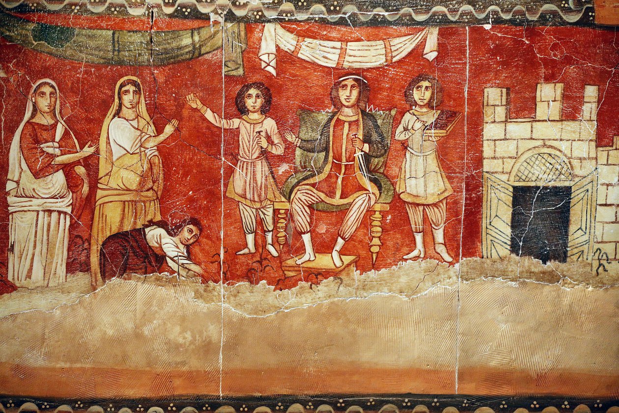 Faraoen og barndommen til Moses, freske fra synagogen i Doura (Dura) Europos, 244-245, og oppbevart på Nasjonalmuseet i Damaskus. Bilde tatt på det jødiske museet i New York under en utstilling. av Unbekannt